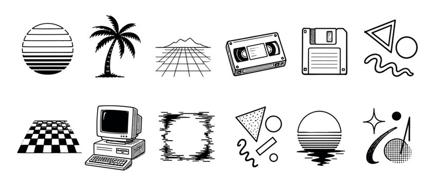 Set of black and white hand-drawn icons in a retro 80s synthwave style featuring a vintage computer, palm tree, floppy disk, and abstract geometric shapes for a nostalgic design