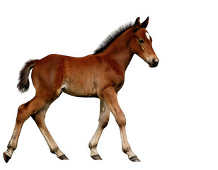 Naklejka premium A small brown baby foal horse walking and moving forward on a bright day isolated on transparent background