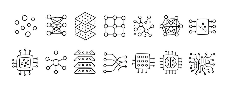 Set of hand-drawn neural network icons representing artificial intelligence, machine learning, and deep learning concepts in a simple black and white doodle style illustration