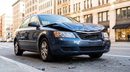 Naklejka premium Blue Family Sedan Parked After Urban Traffic Collision With Front Damage