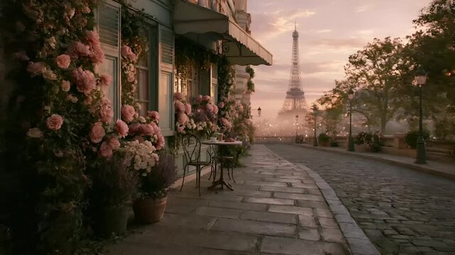 Paris, France, Europe. A vivid portrayal of a romantic Parisian street scene at dusk, with the Eiffel Tower in the background.