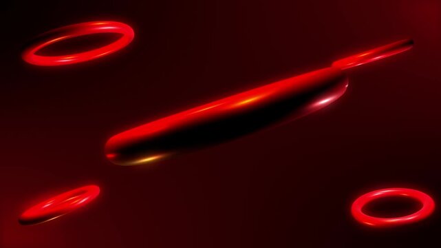 Abstract animation, floating red glowing glass rings and capsule shapes with refraction effect, 4K seamless looping video, futuristic 3D render for creative motion graphics and technology backgrounds