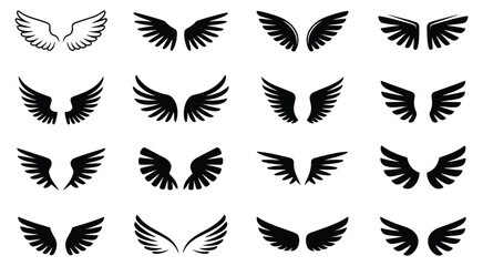 Wing silhouette black decorative eagle and angel feather symbols featuring bird wings and flying elements, clean vector illustration ©   