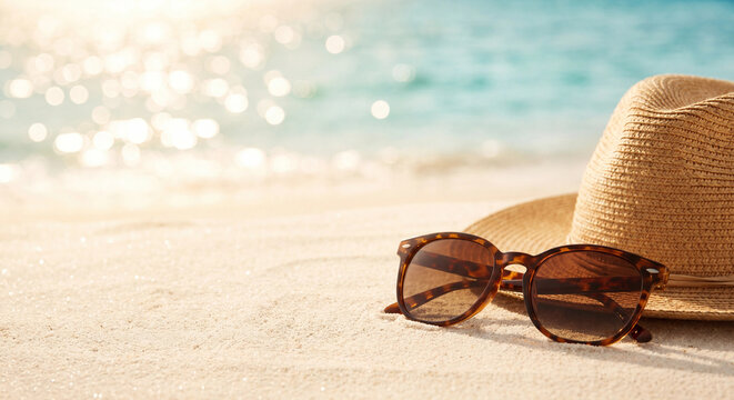 Summer vacation concept with a straw hat and sunglasses on the sandy beach with blurred ocean background