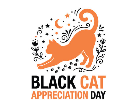 Black cat appreciation day illustration with stretching cat silhouette