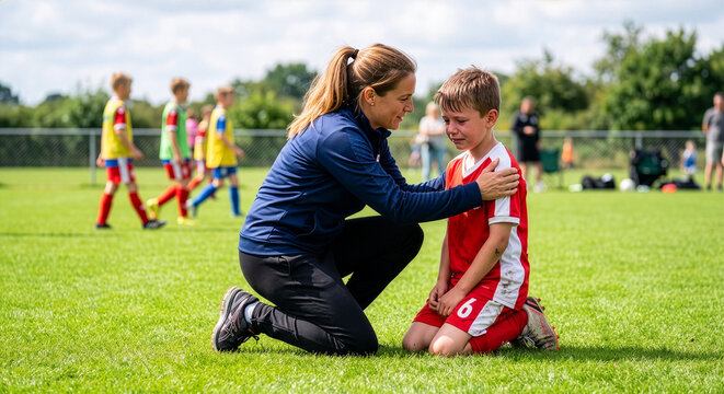 A coach kneels to comfort a disappointed young athlete on a sunlit field, capturing bright, supportive mentorship and care.