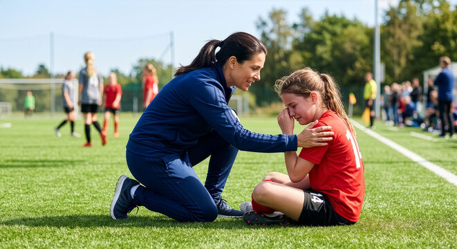 A coach kneels to comfort a disappointed young athlete on a sunlit field, capturing bright, supportive mentorship and care.