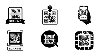 Obraz premium QR Code Icons Set, Scan Me Buttons, Mobile Scanning, Digital Information Access, Technology Graphics
