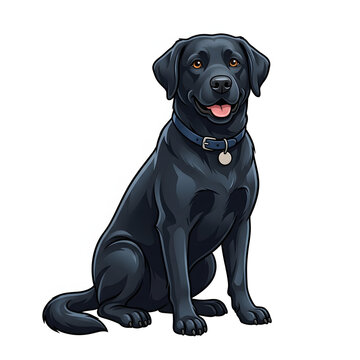 Cheerful and friendly black Labrador Retriever dog sitting patiently, looking forward with an eager, happy expression, wearing a blue collar and tag, rendered in a charming illustrative style
