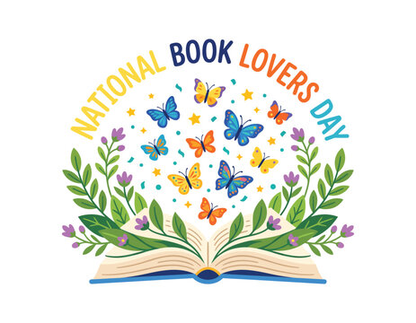 National book lovers day illustration with open book and butterflies