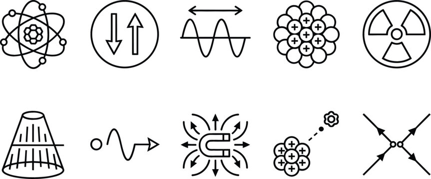 Vector line icon set featuring atom nuclear radiation wave magnetic field molecule physics science,