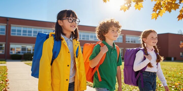 Primary school group walk back. Diverse youth, curly braids hair Bright future growth hope Yellow jacket green shirt purple orange blue bags Happy autumn campus nature Asian pupils study social skills