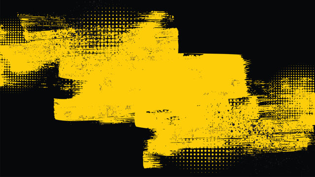 A messy black background painted with yellow brushstrokes in a grunge style, along with halftone dots.