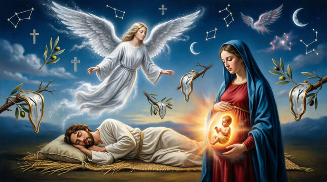 Angel reassures Joseph of divine plan as Mary carries Jesus bringing hope and faith fulfilled.