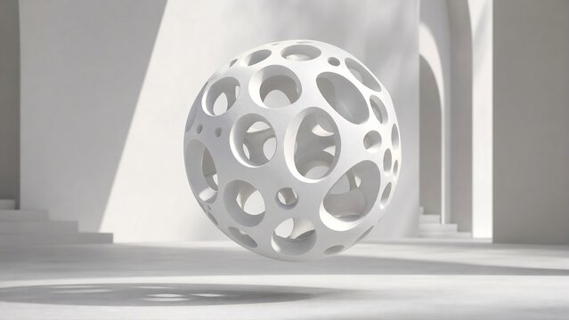 Close-up of abstract white geometric sphere with hollow organic holes on minimalist background, 3d render