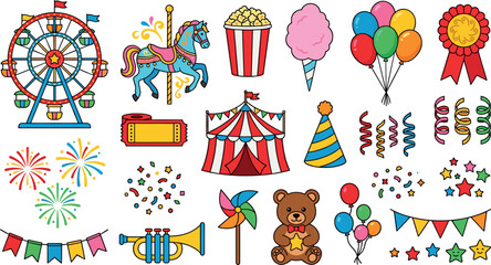 Amusement park carnival and circus vector element set with ferris wheel carousel tent balloons popcorn cotton candy and decorations © MdMonirul