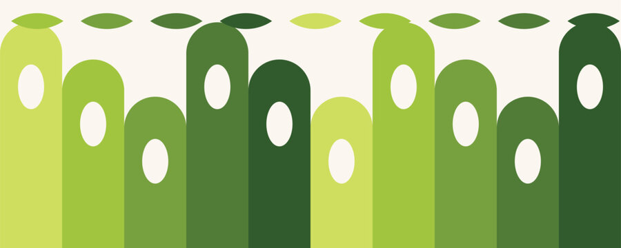 Abstract green bean pods with leaves in a row on a light background with soft studio lighting