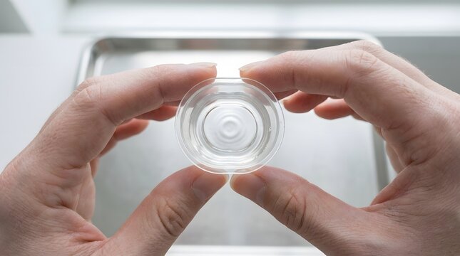 POV view of hands holding a small clear plastic medical cup with liquid over a sterile silver steel lab tray..