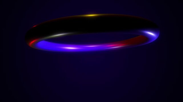 Abstract animation, glowing multicolor glass ring with refraction effect on dark background, 4K seamless looping video, futuristic 3D render for digital branding and creative motion graphics