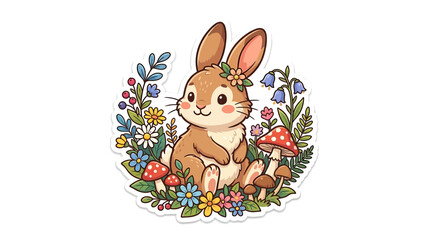 Obraz premium Cute Bunny Surrounded by Flowers and Mushrooms