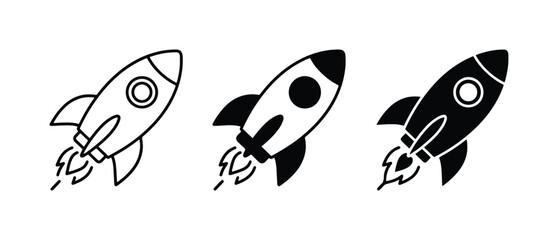 Fototapeta premium Rocket Icons, Spacecraft Symbols, Launch Graphics. Set of 3 Vector Illustrations.