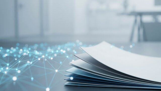 Stacked documents with digital network connections in modern office setting