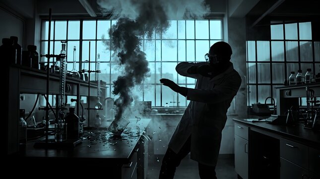Scientist in a lab reacting to a chemical explosion with thick smoke and shattering glass on dark workbenches.