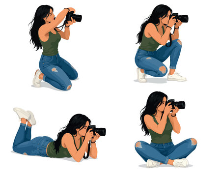 Vsai woman photographer taking pictures in various dynamic poses