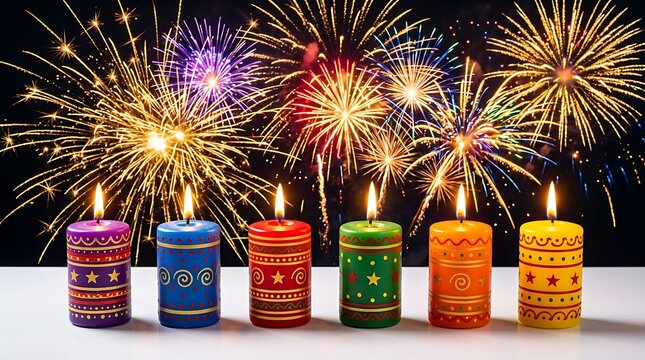 Six colorful decorative candles with lit flames standing in a row against a vibrant background of festive fireworks in the night sky