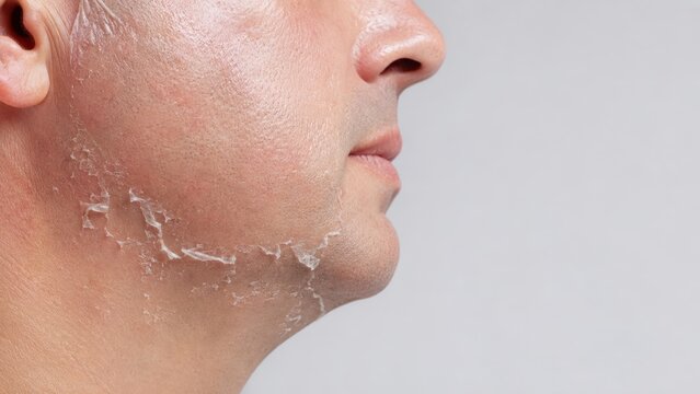 Close-up of male face with peeling dry skin on cheek and jawline showing skin irritation