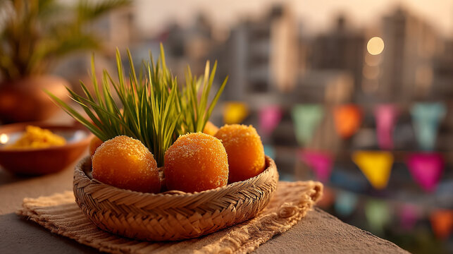 Traditional golden fried snacks served in a woven bowl at outdoor event