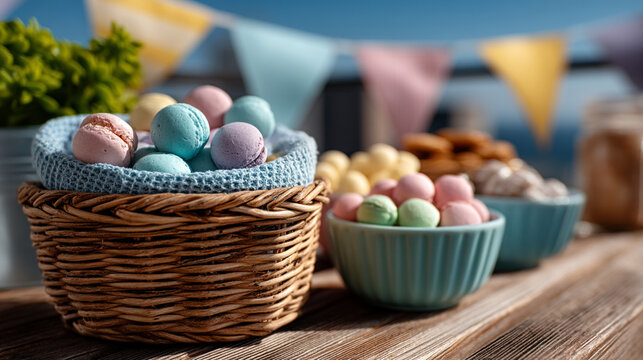 Wicker basket filled with colorful sweet sugar candies for a festive party