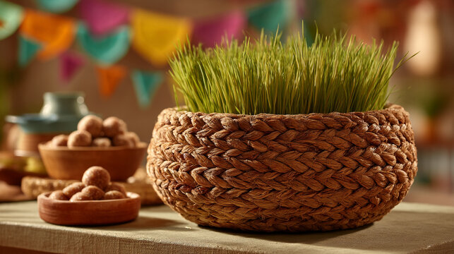 Young wheat grass growing in a rustic wicker basket for spring holiday decor
