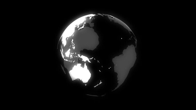 A digital rendering of looping rotation Earth in black and white, world sphere looping rotation 4k quality