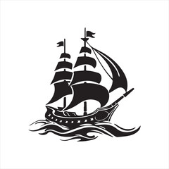 Vintage Sailing Ship Silhouette Sailing on Ocean Waves Vector Illustration © Roksana