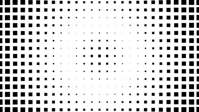 High contrast monochrome black and white square grid expanding geometric optic illusion pattern overlay screen background 4k video