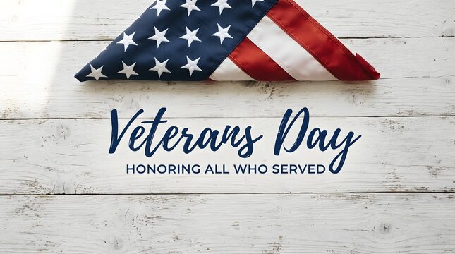 Folded american flag on a rustic white wooden background with veterans day text for patriotic holiday celebration