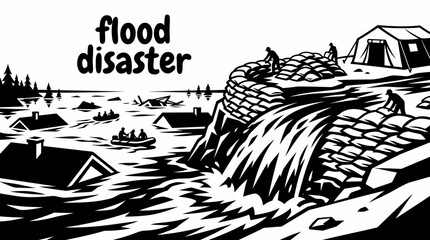 Naklejka premium flood disaster elements featuring overflowing rivers submerged houses rescue boats sandbags emergency shelters water level markers warning signs vector illustration emergency response environmental