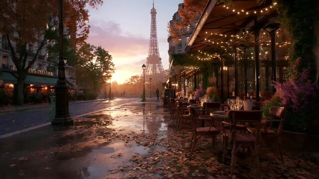 Paris, France, Europe. A vivid portrayal of a Parisian street scene at sunset. The Eiffel Tower stands tall in the background, bathed in the warm hues of the setting sun.