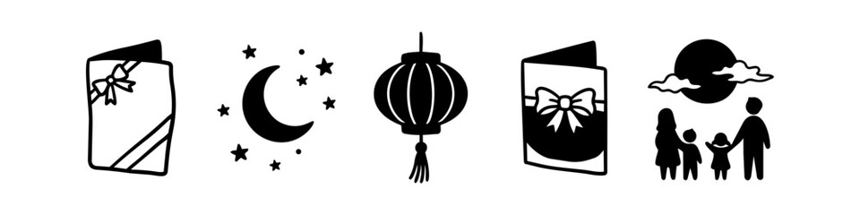 Hand-drawn Mid-Autumn Festival icon set featuring lanterns, gift cards, crescent moon, and family silhouettes. Black and white vector illustrations for holiday greetings and traditions. © Trends
