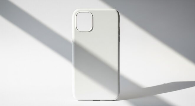Minimalist white smartphone case mockup on a clean studio background with sharp dramatic diagonal sunlight and soft shadows
