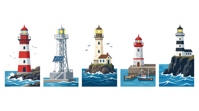 Vector illustration set of diverse lighthouses standing on rocky coasts, ocean piers, and sea islands