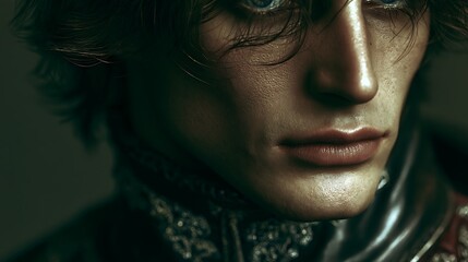 Fototapeta premium Prompt: A dark Renaissance close-up portrait of a severe young prince. His irises are perfect spheres of warped spacetime, bending the candlelight on his skin into circular rings. He wears a 