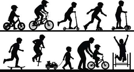 Children Growth and Play Activities Silhouette Collection with Bikes Scooters Skates and Walking Stages