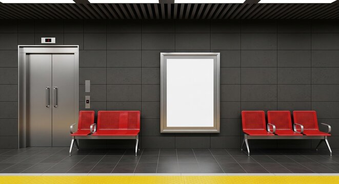 Modern subway station interior with a blank advertisement billboard and red metal benches next to a closed stainless steel elevator
