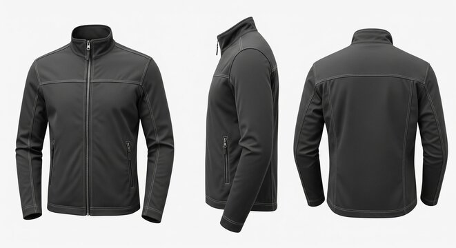 Men's charcoal grey softshell jacket in three views isolated on white, a versatile zip-up outdoor garment for sports and casual wear