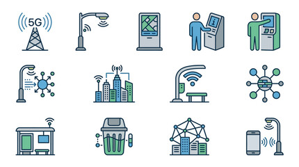Industrial Smart City Infrastructure Icons Showcasing 5G IoT and Smart Devices in Urban and Public Settings © Usman