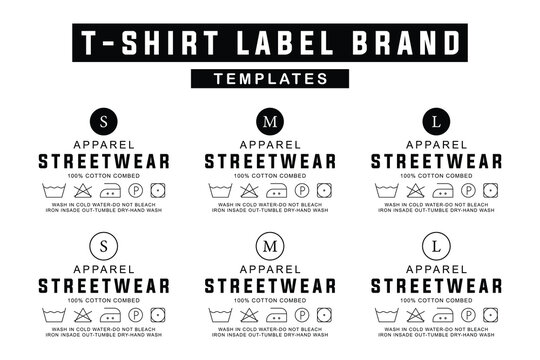 Set of six streetwear t-shirt clothing label templates with size indicators and care instructions