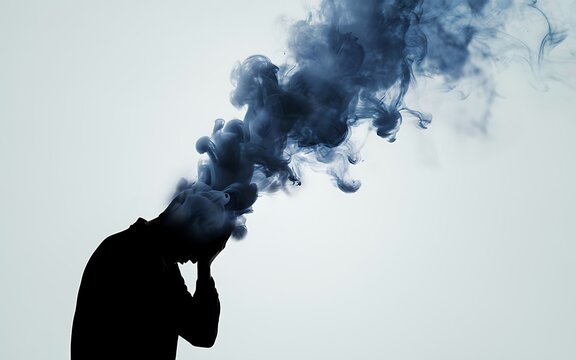Silhouette of a stressed person with thick dark smoke rising from their head representing mental exhaustion