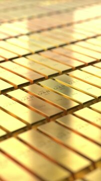 Gold ingots - camera moving sideways - 3d 4k vertical animation (2160 x 3840px)
